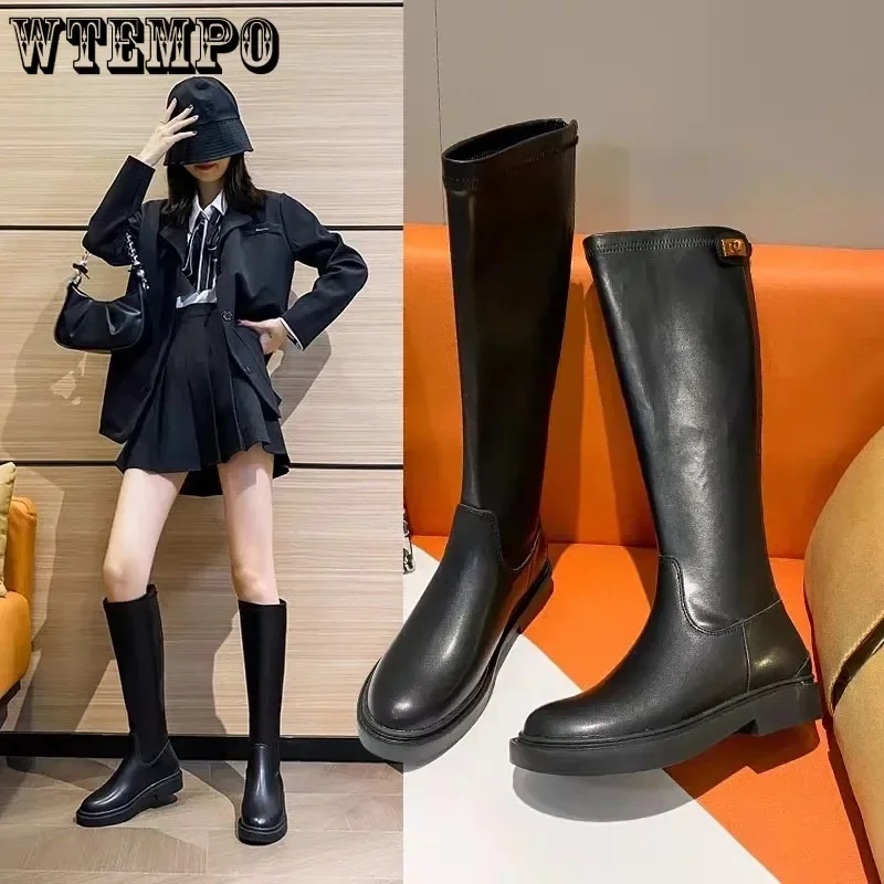 

Back Zipper Long Leg Riding Boots Women Metal Buckle Soft PU Leather Thick Sole Retro British Solid Simple Casual Autumn Winter