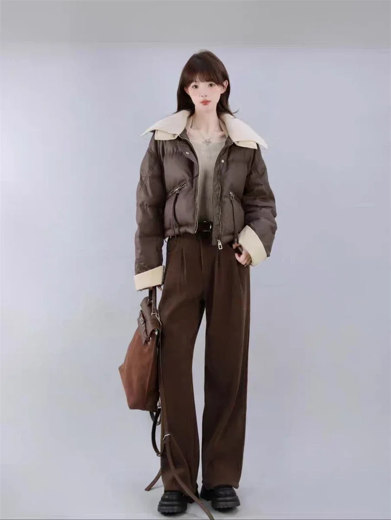 2025 Women Coffee Black Short Parkas Thicken Warm Long Sleeve Lapel Cotton Padded Coat Vintage Winter Student Jacket Streetwear
