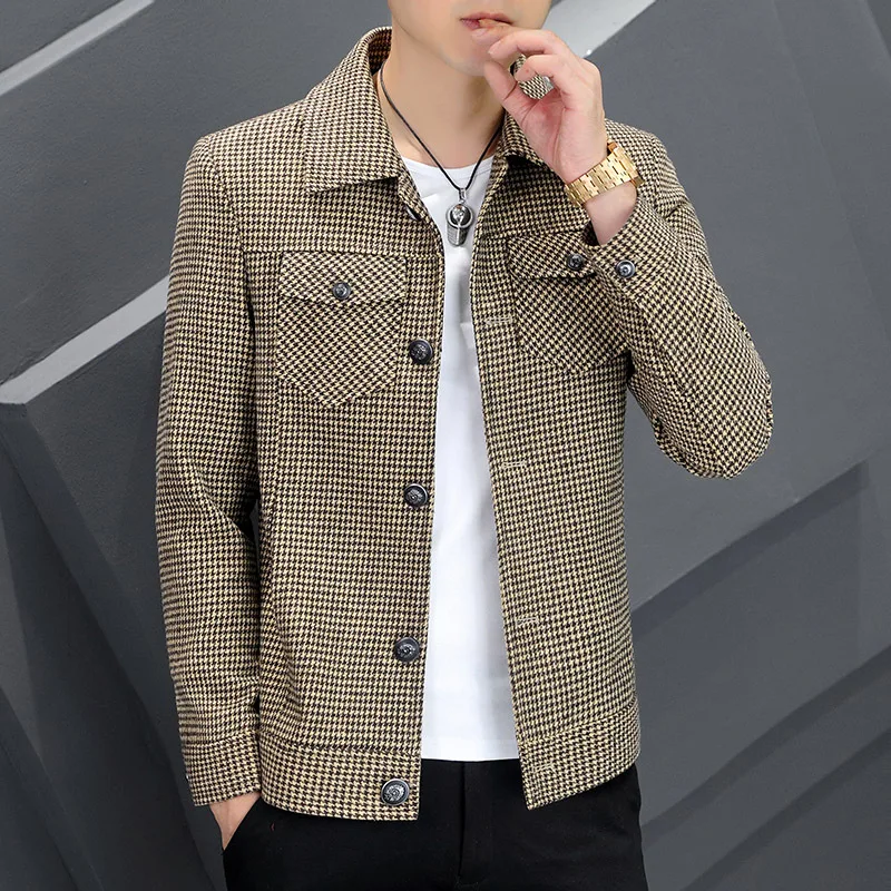 

2024 Men's Autumn New Casual Plaid Jacket Spring and Autumn Fashion Polo Collar Jacket