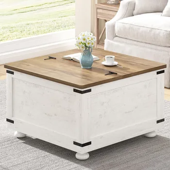 White Farmhouse Coffee Table with Storage, Square Lift Top Coffee Table with Hydraulic and Wood Gourd Feet for Living Room, Whit 4