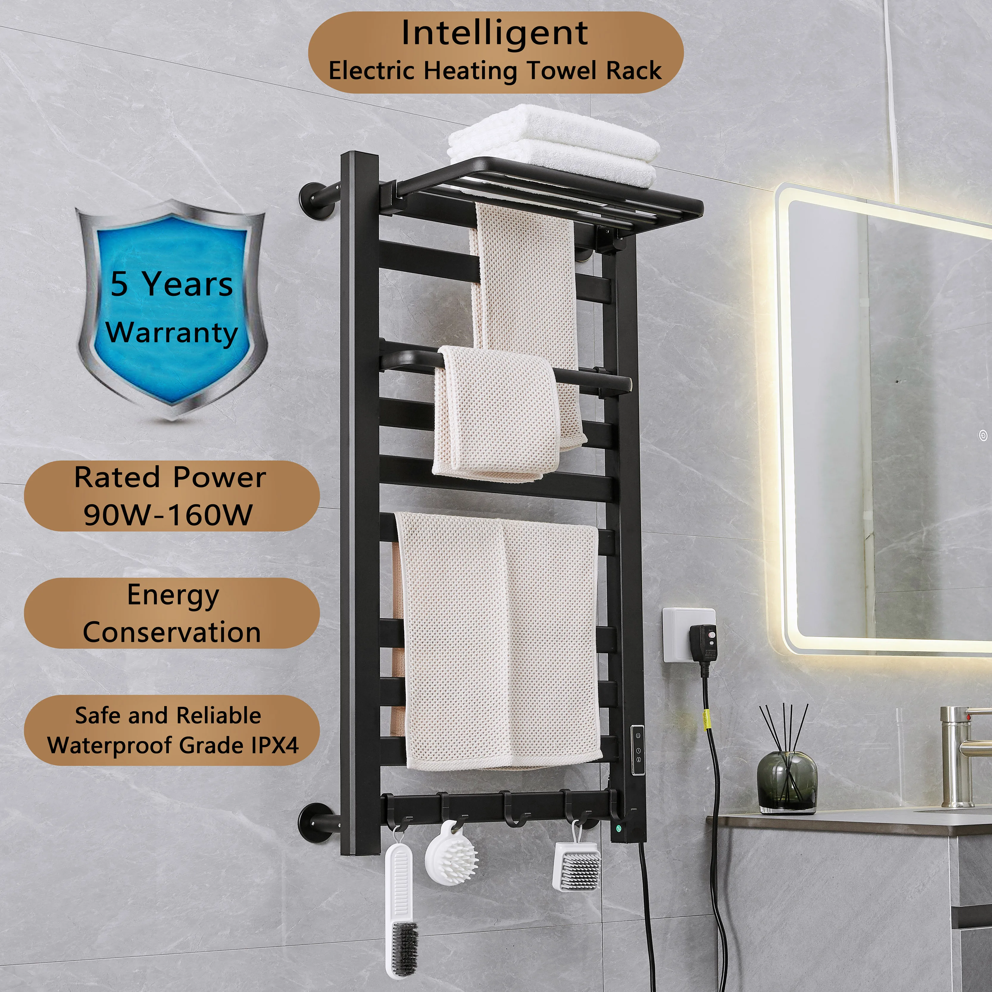 Secador de toallas eléctrico negro - LUX - 800 watt - 140 x 50