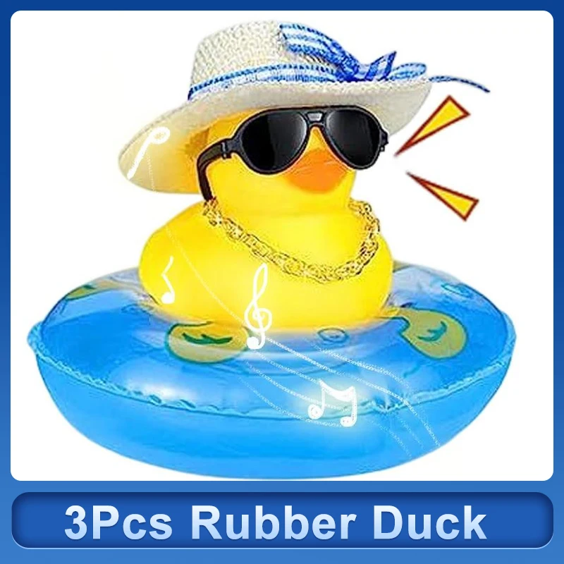 

Rubber Duck For Car SUV Dashboard Yellow Rubber Duck Ducks Squeak Toy With Mini Sun Hat Swim Ring Necklace Sunglasses Bedroom