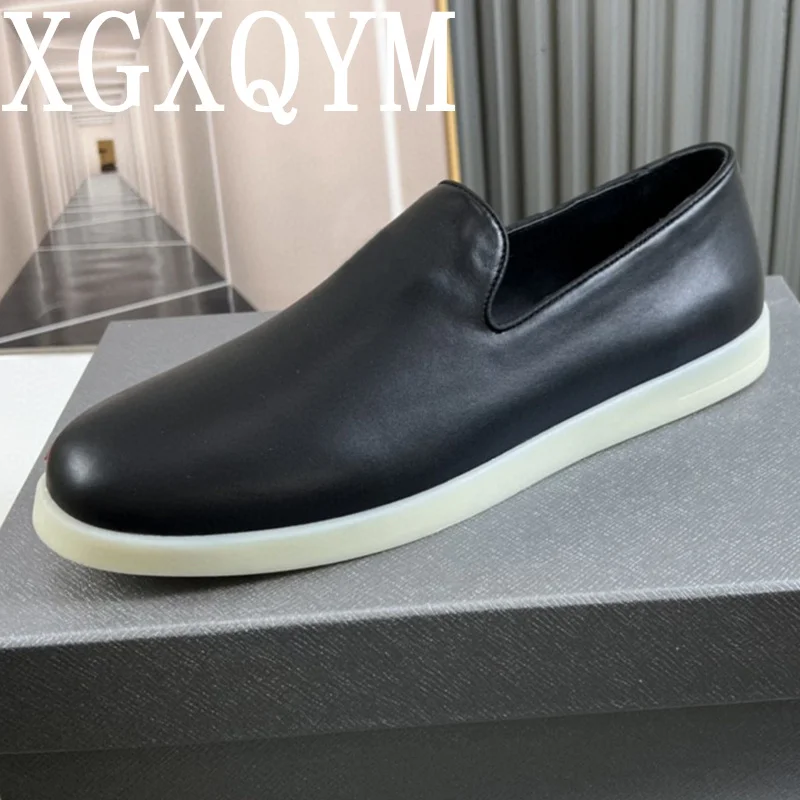 

Men Genuine Leather Loafers Casual Business Shoes For Men Lazy Slip-on Driving Shoes Flat Heel Rubber Sole Solid Color Oxfords