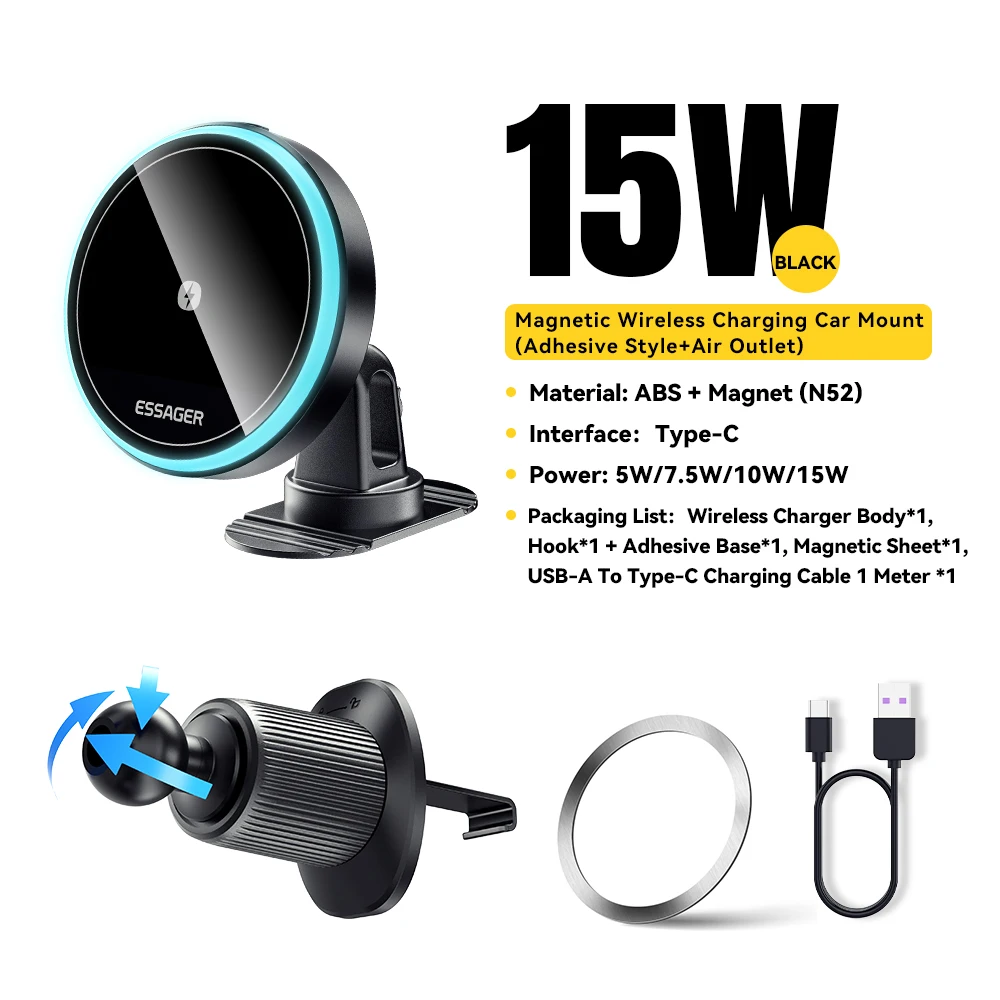Essager RGB Magnetic Wireless Car Phone Charger and Holder Stand, 15W