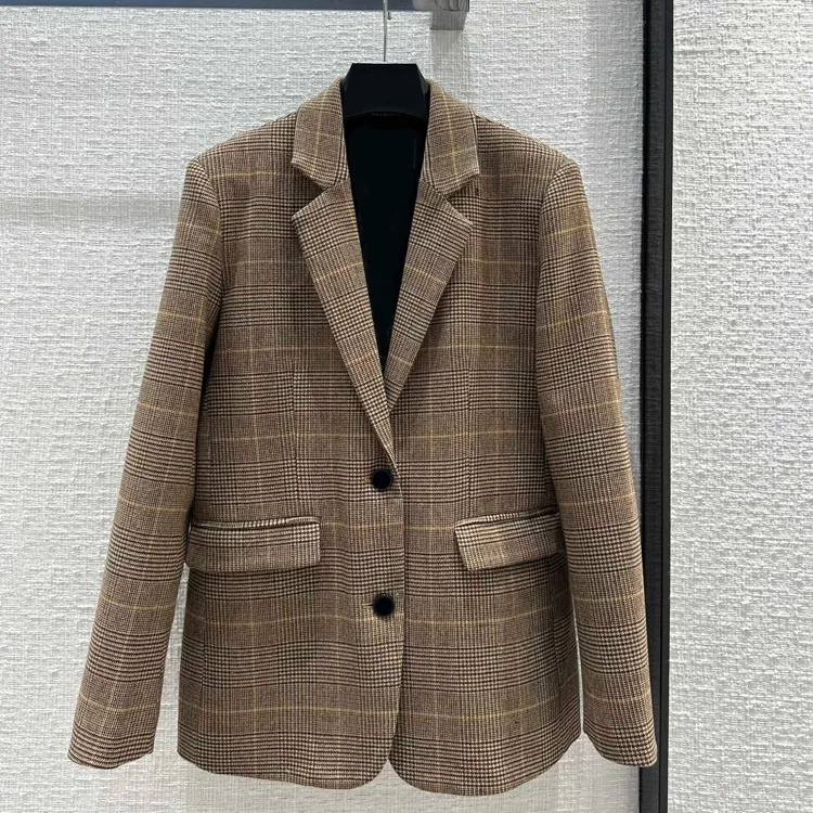 

2023 High Quality Houndstooth Check Blazer Vintage British Commuter Chic Loose Casual Suit Top