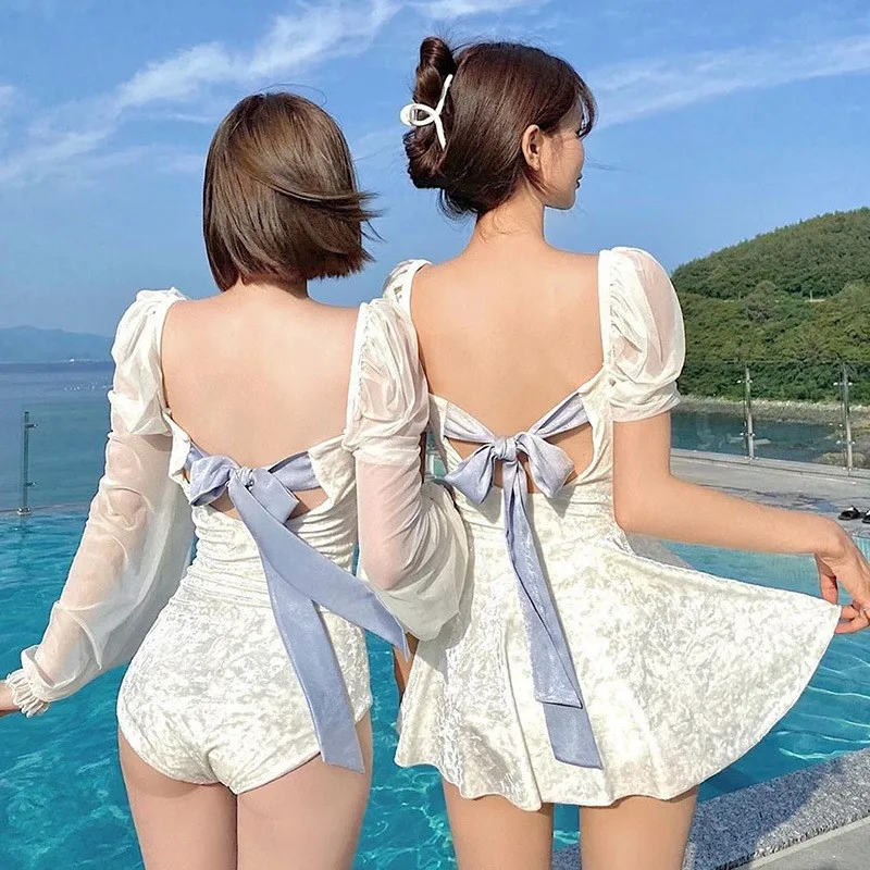 Korean Sister The Goddess Of Pure White Conservative Conjoined Backless Dress Swimsuit Female Type Hot Spring Holiday