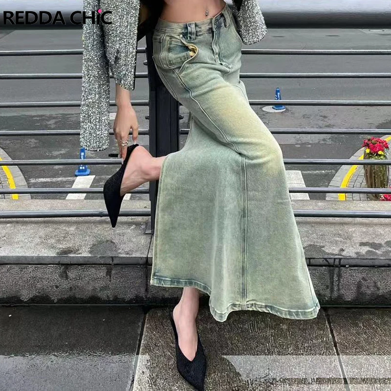 

REDDACHiC Tall Girl Denim Maxi Skirt with Slit Back High Rise Women Floor Long Mermaid Skirt Bottoms Korean Style Y2k Streetwear
