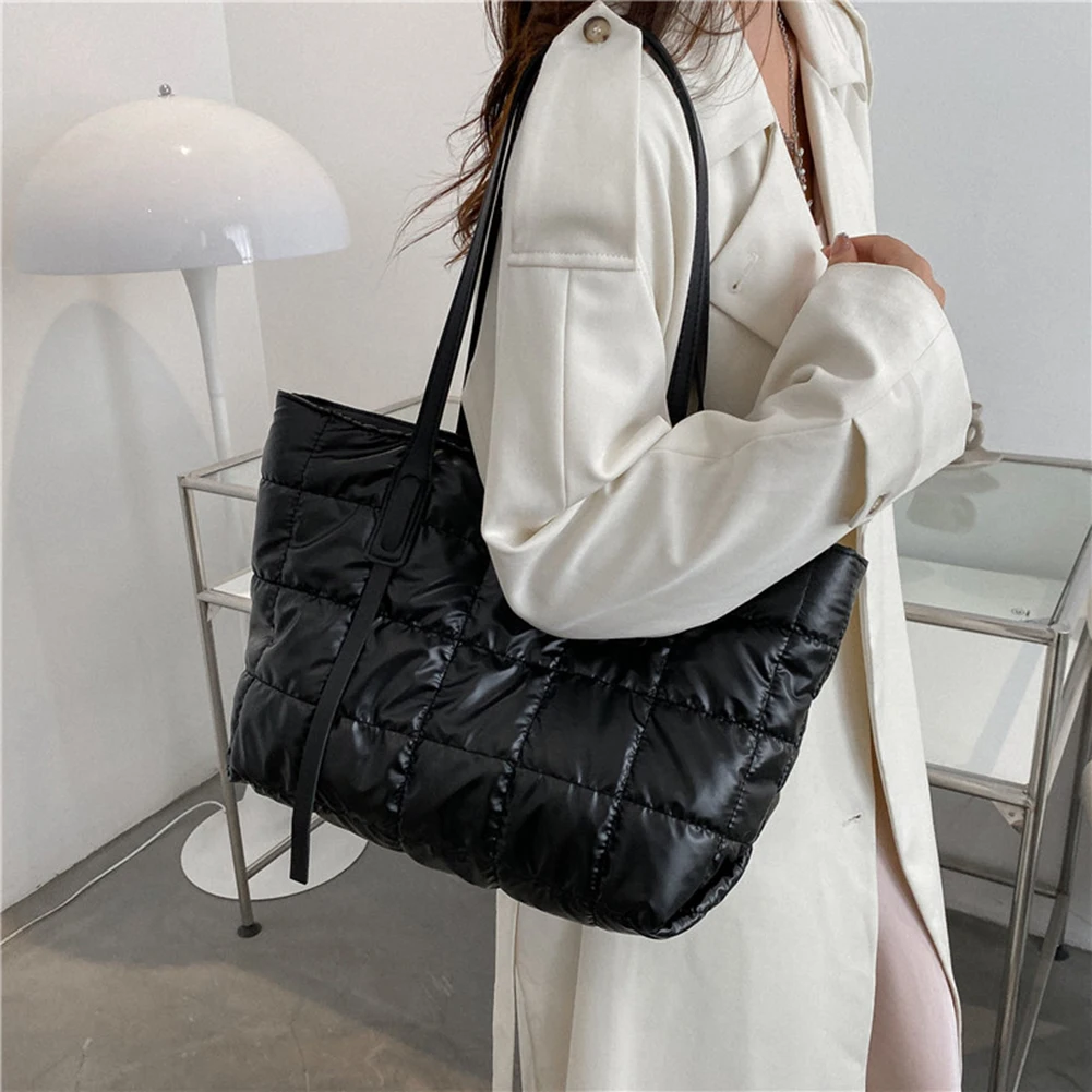 Fashion Nylon Padded Handbags for Women Large Capacity Solid Female  Shoulder Bags Autumn Winter Down Ladies Shopping Tote Bags