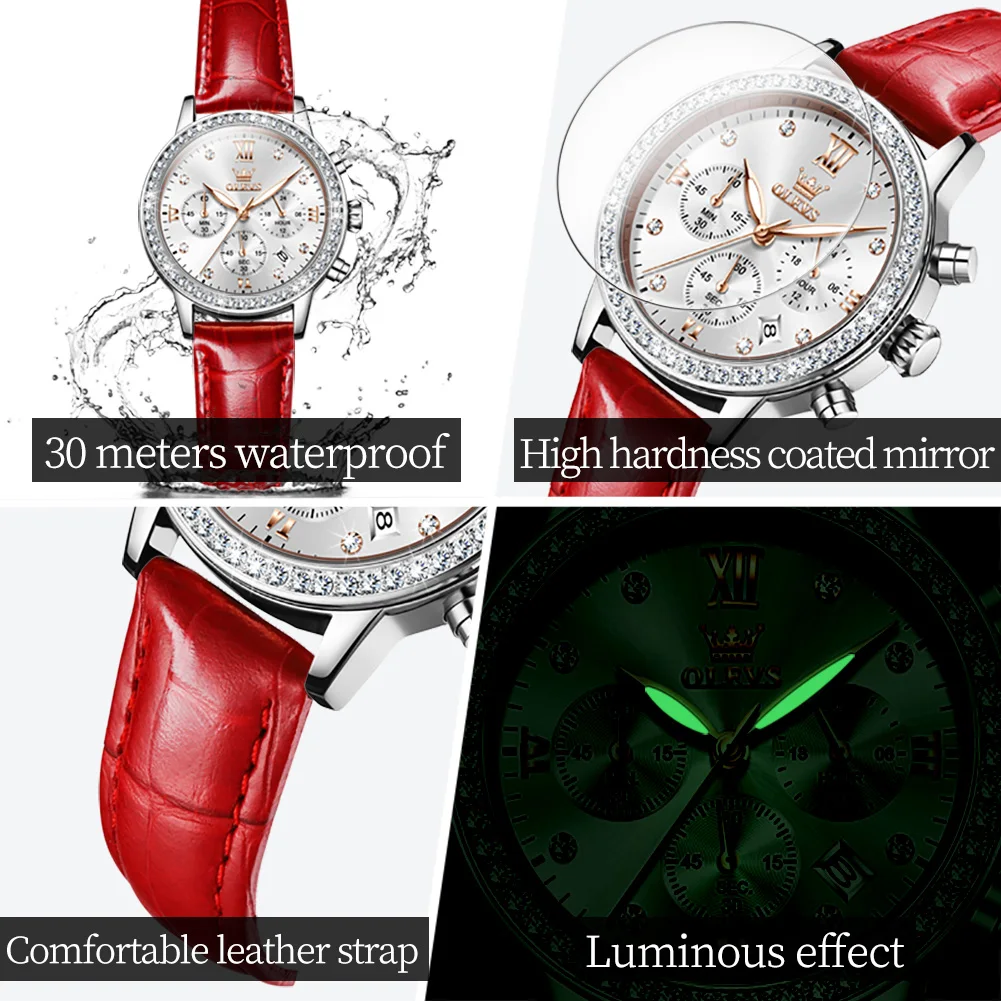 OLEVS Luxury Diamond Quartz Watch for Women Fashion Red Leather Strap Waterproof Chronograph Watches Ladies Relogio Feminino