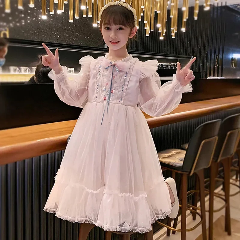 

Girls Dress Long Sleeve For Spring Autumn 2023 New Princess Cute Bow Patchwork Print Kids Clothes Retro Mesh Children'S Dresses