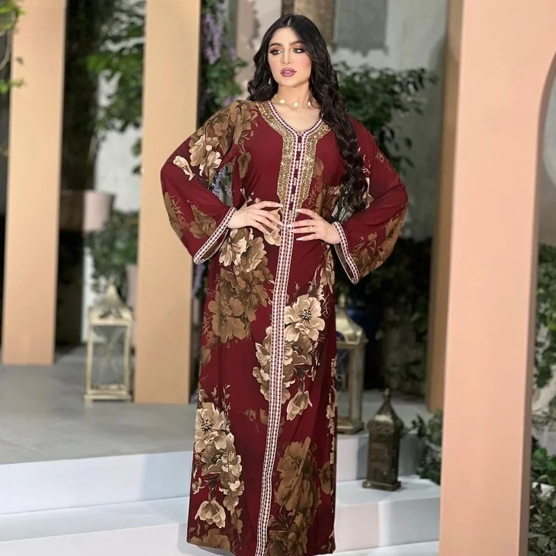 2023 Muslim Abaya Femme Print Rhinestone Fuchsia Abayas for Women Dubai Women's Dress Evening Dress for Middle East Arabia