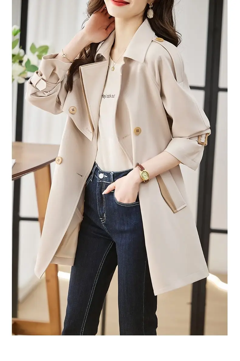 Solid Mid length Trench for Women Fall Winter 2023 New Vintage Turn Down Collar Long Sleeve Jacket Loose Double Breasted Coat