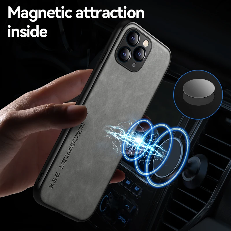 Luxury Leather Phone Case with Metal Plate Support