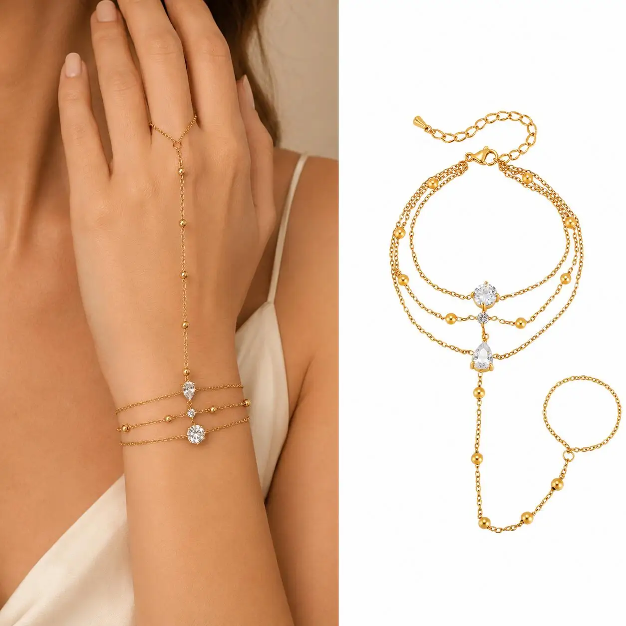 Elegant Bohemian Gold Plated Ring Bracelet Chain – Stainless Steel, Waterproof Beaded Jewelry