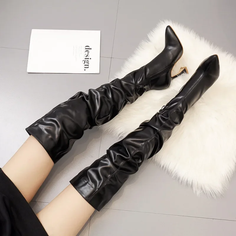 Winter Leather Boots Women Stiletto Pointed Toe Heeled Knee Boots Wine Glass Heel Side zipper Thigh Gigh Booties,women high heel boots