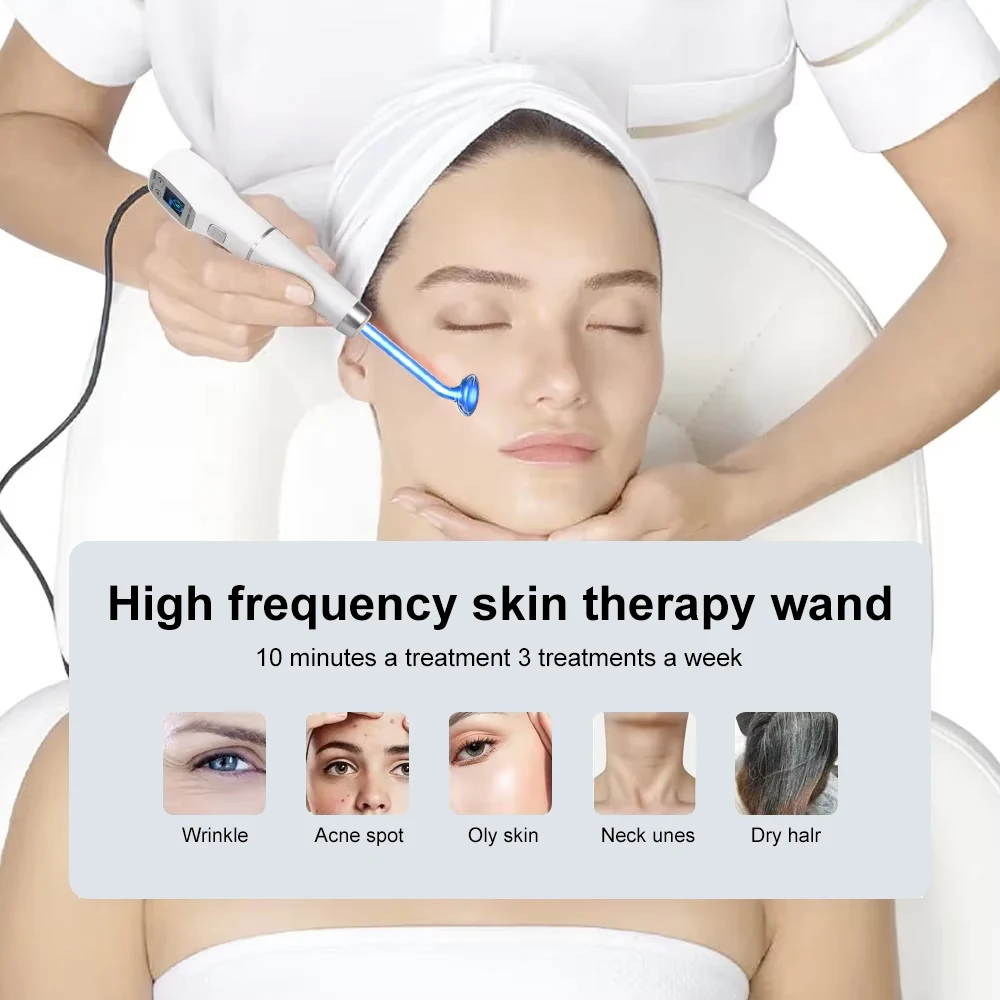 Beauty Instrument Blue High Frequency Facial Machine Screen Display Neon Electro Therapy Wand Glass Tube Anti Acne Spot Remove Skin Care Device