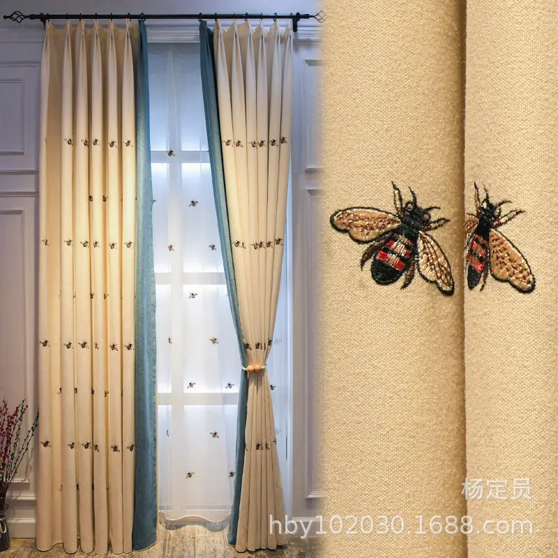 

American Light Luxury Fresh Fabric Little Bee Embroidered Curtain Finished Product Curtains for Living Dining Room Bedroom