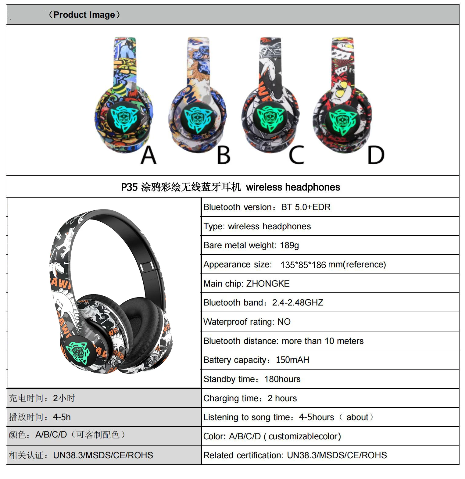 Auscultadores sem fios Graffiti Auscultadores Bluetooth Fones