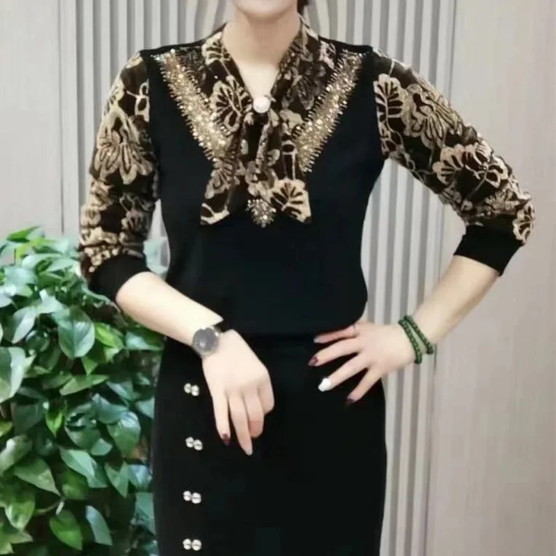 

2024 New Summer Office Lady Loose Casual Retro Elegant Fashion Women's Shirt Chiffon Print BOW V Neck Short Sleeve Chic Y2K Tops