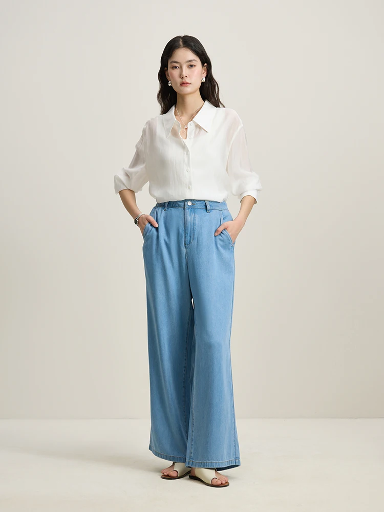 DUSHU Women Tencel Straight Jeans 2024 Summer Thin Denim Blue Wide Leg Trousers Drapey High Waist Acetate Jean 24DS82104