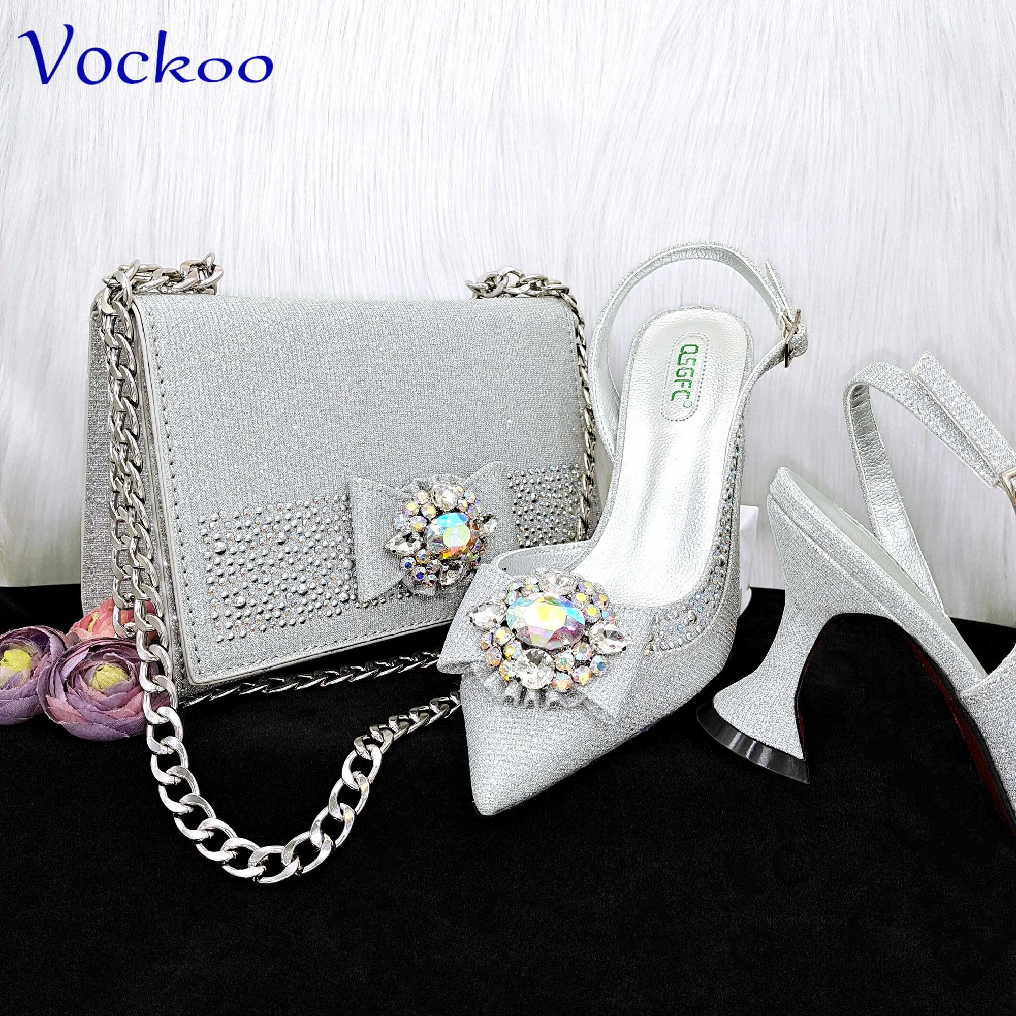 Pink Color Nigerian Women Shoes Matching Bag Set with Crystal High Quality Pointed Toe Pumps for Wedding