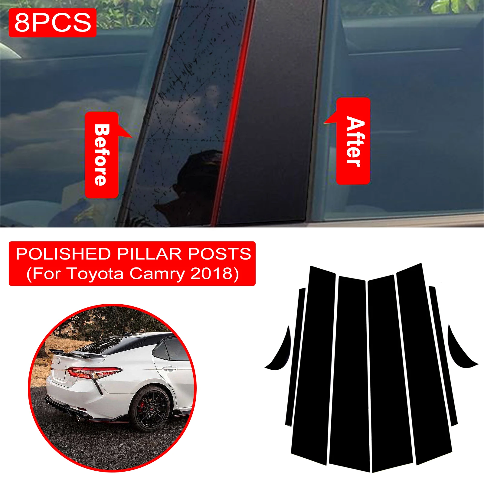 

8PCS BC Pillar Cover Door Car Window Black Trim Strips PVC Practical Easy To Install For Toyota Camry 2018 Car Exterior