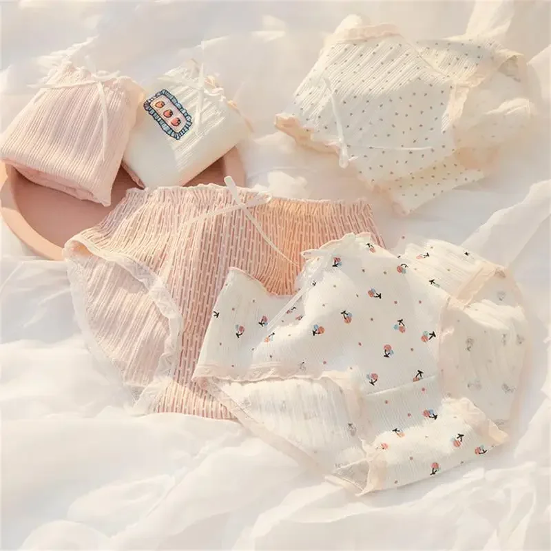 

1Pc Cotton Girl Mid-waist Sweet Bow Shorts Lace Edge Threaded Panties Female Cotton Crotch Waist Breathable Comfortable Panties