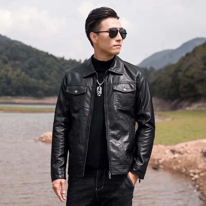 Leather Jackets Men Winter Jacket Men's Casual PU Leather Jacket Solid Color Business Collar PU Blazers Long Sleeve Dress Coat