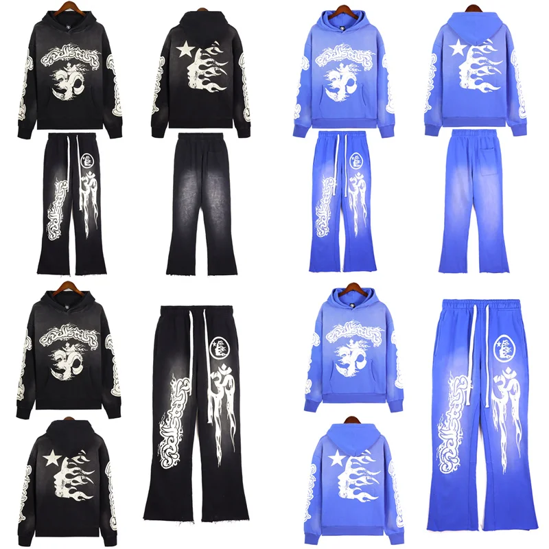 

2023ss Hellstar High Street Vintage Washed Old Blue Mud Printed Hoodie Pants Fashion Men's And Women's Set