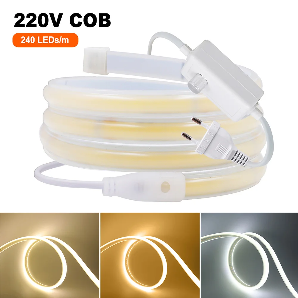 

Dimmable COB LED Neon Strip Light 220V AC Flex Silicone Neon Lights with Switch Dimmer EU Power Kit Warm White Linear lighting