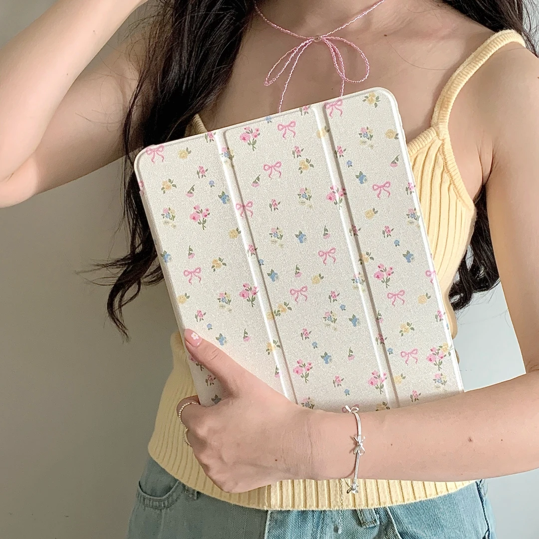Bow Flowers Cover With Pencil Holder For iPad