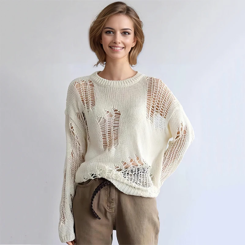 

Женский трикотажный свитер в уличном стиле, однотонный свободный дизайнерский свитер с круглым вырезом и длинными рукавами, женский дышащий Топ, лето