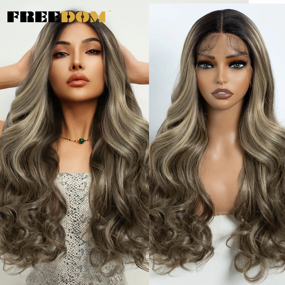Synthetic Lace Front Wigs Women 24 Inch Long Wavy Ombre Blonde Brown Heat Resistant Cosplay