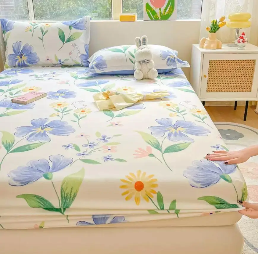 100% Cotton Bed Fitted Sheet With Elastic +2pc Pillowcases Flower Aerospace Bed Sheet Single Full Queen King Cal-King Size B82A 6