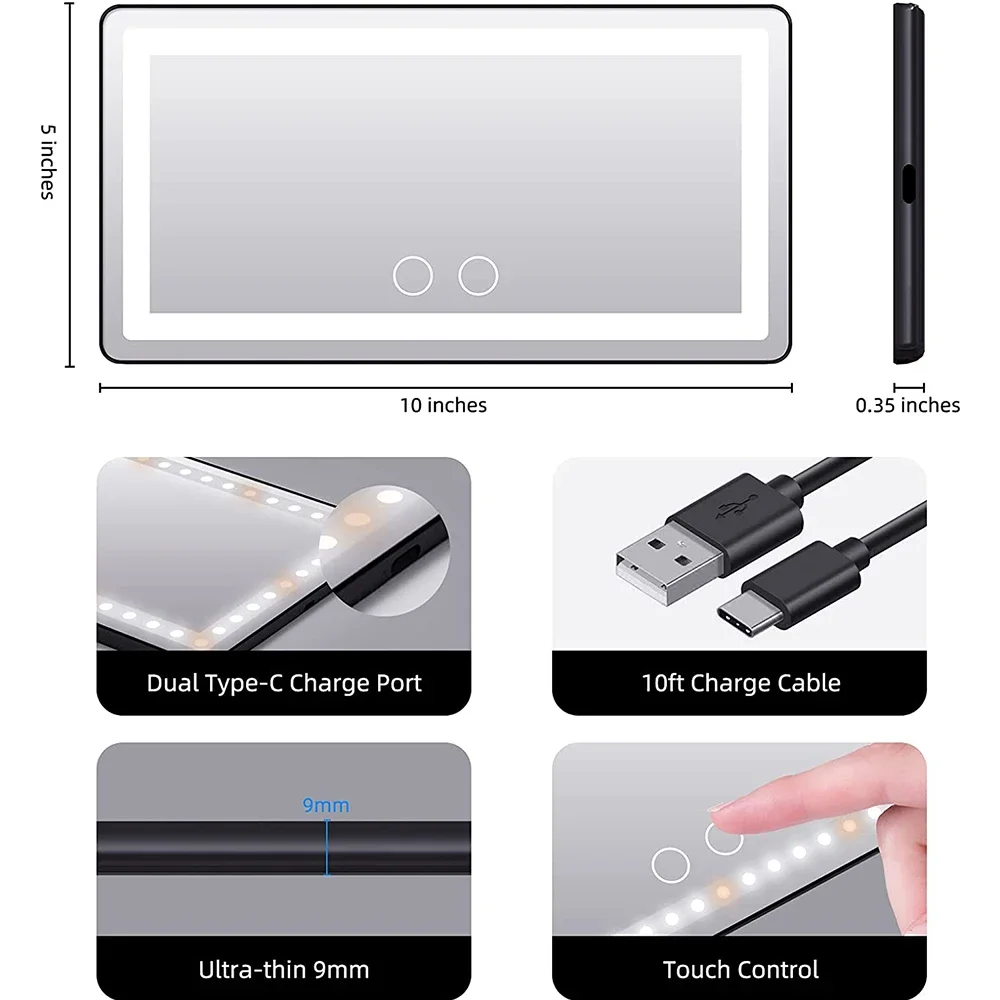 Car Sun Visor Vanity Mirror Cosmetic Mirror Rechargeable Makeup Mirror with 3 Light Modes 60 Leds Dimmable Clip-on Rear Wireless