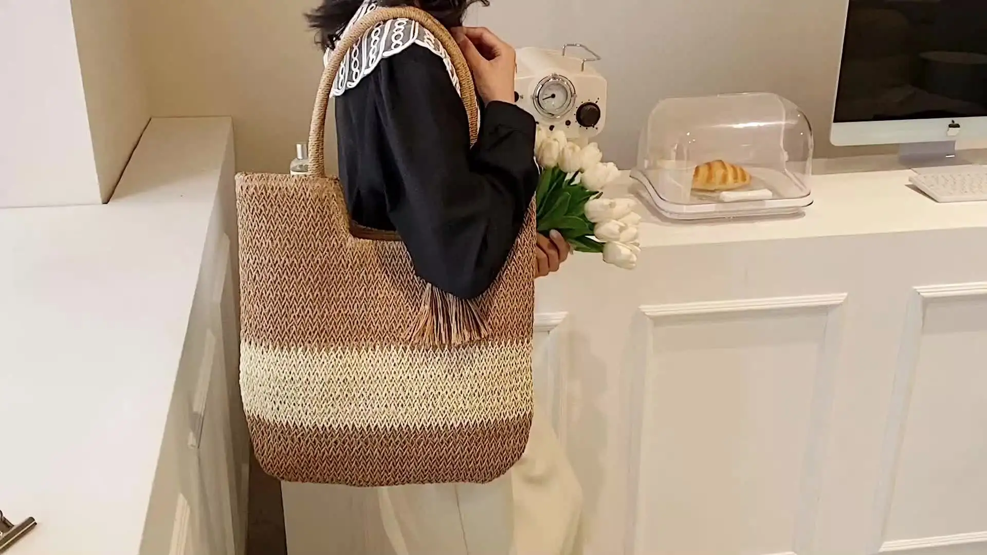 Woven Straw Beach Tote Bag With Tassels - Large Shoulder Bag For Women, Summer Travel Bag - View #7
