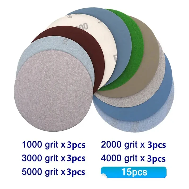 Sanding Discs 15PCS 125mm Inches Grit 1000 2000 3000 4000 5000 Sanding Discs Hook Loop Sandpaper Round Disk for Car Accessories