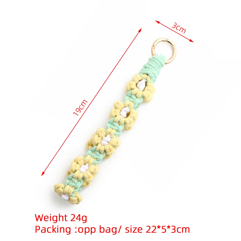 Wristlet Keychain for Women Girl Bohemian Handmade Little Daisy Key chain Spring Coil Braided Wrist Strap Key Ring