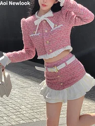 Sweet Elegant Pink Tweed Suit Women's 2023 Autumn Y2k New High Quality Bow Coat+Flounce A-Line Skirt Fashion 2 Piece Set
