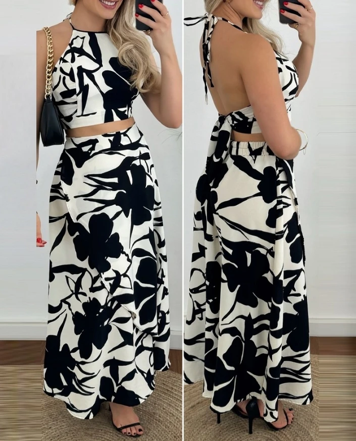 Two Piece Skirt Set for Summer 2024 Elegant Sexy Casual Sleeveless Plants Print Backless Daily Vacation Halter Top & Skirt Set