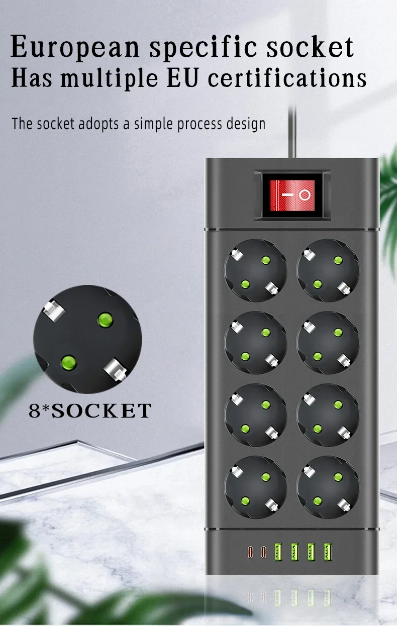 Description Picture 5 of itemEU Plug Power Strip DC Outlet Extension Cord 6/8/10 Electrical Socket with 4 USB 2 Type-C Ports Support 2500W Home Appliance