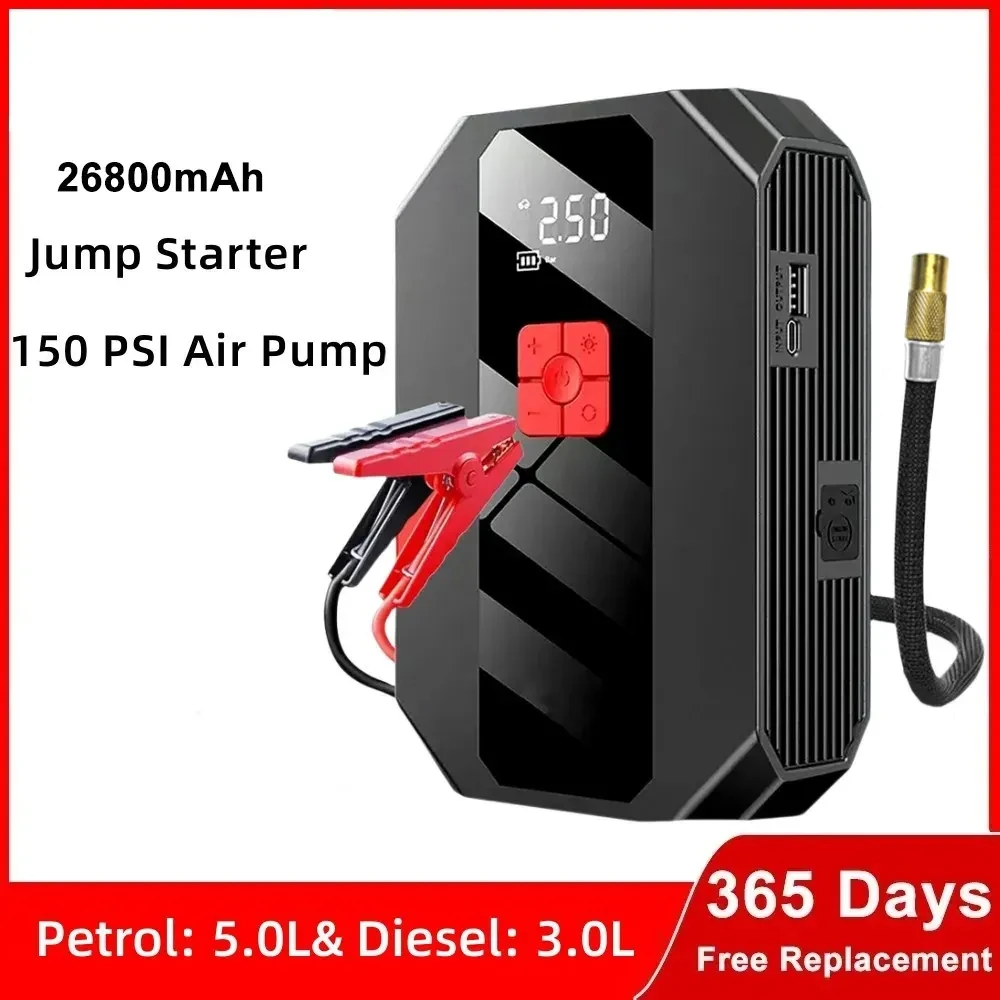 

New 1200A 26800mAh Car Jump Starter 4 In 1 Pump Air Compressor Starting Device Power Bank 12V Digital Tire Inflator 150PSI