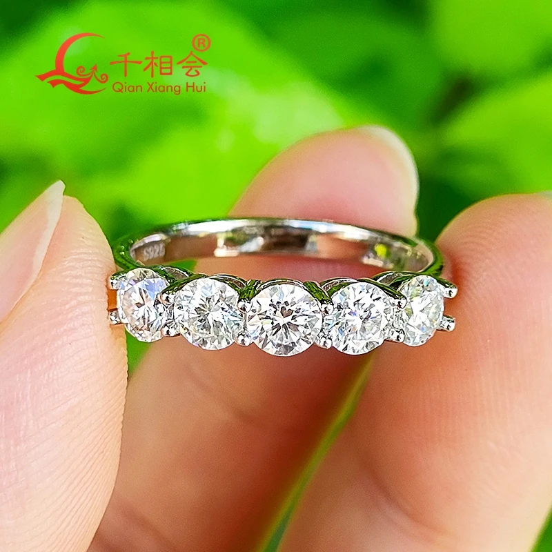 Silver Rings Silver Ring Moissanite Ring Wedding Rings 1.5ct 4mm round five stones D vvs white moissanite Half Eternity Band ring 925 Sterling Silver Jewelry Engagement women gift