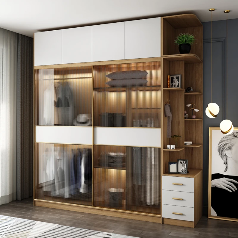 

Wardrobe sliding door modern simple household bedroom cabinet economical rental room sliding door solid wood wardrobe