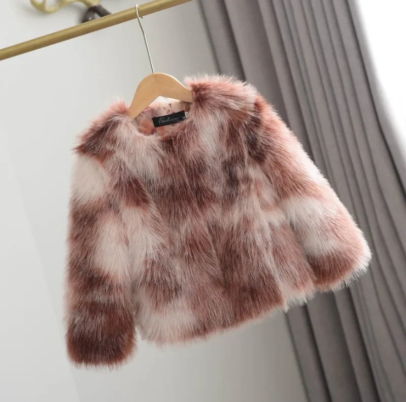 Winter Patchwork Fur Coat for Girls Short Round Neck - Uniqwear