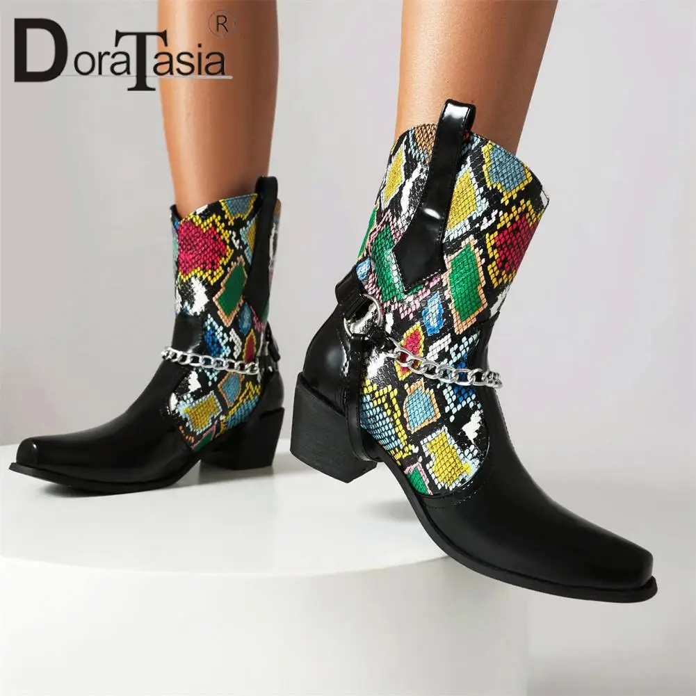 Plus Size 48 Brand New Ladies Mixed Colors Cowboy Boots Fashion Chain Chunky Heels women's Cowgirl Boots Party Woman Shoes