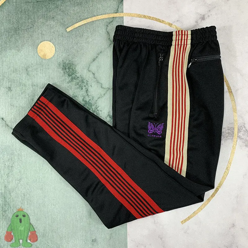 

2022 Needles Butterfly Embroidery Side Webbing Straight Pants Men Women High Street Ovresize Sweatpants