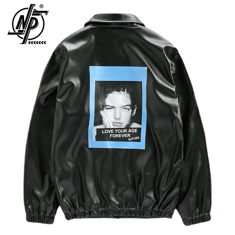 

PU Leather Jacket Men High Street Black Original Portrait Print Varsity Jacket Autumn Casual Korean Fashion Outerwear Coats