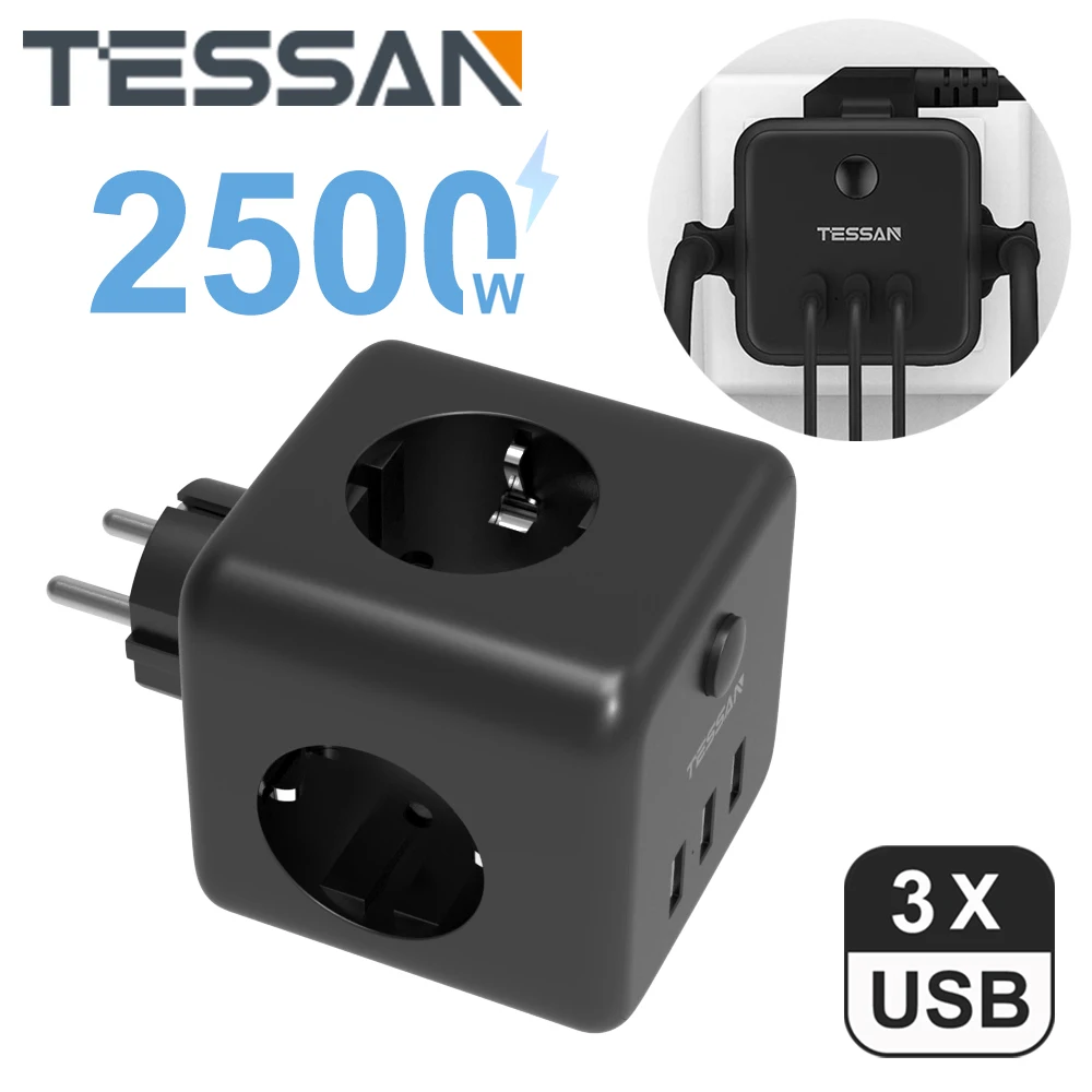 TESSAN Black Cube Socket Power Strip with Switch 3 EU Outlets 3 USB  Charging Ports Europe Wall Socket Extender Adapter for Home