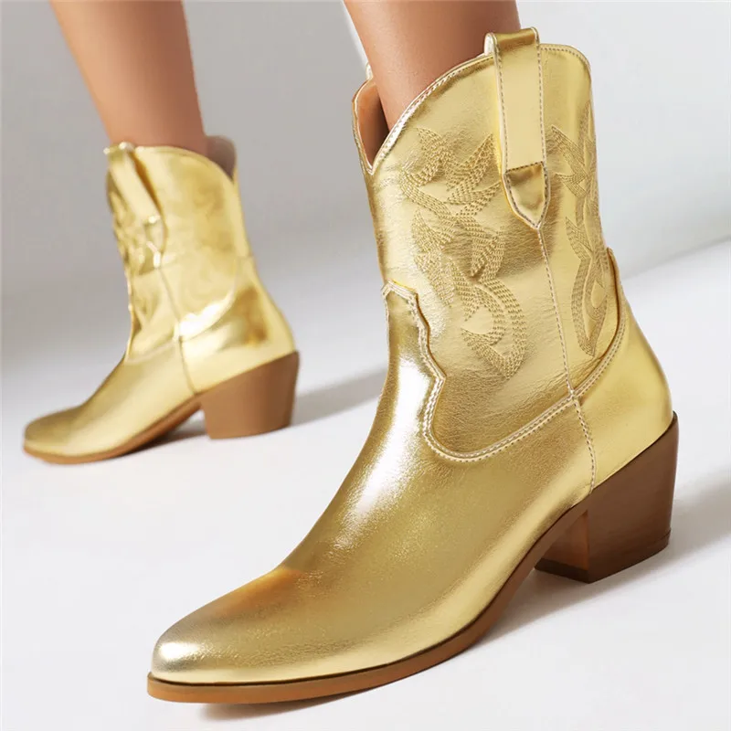 

Smeeroon Size 34-50 New Microfiber Slip On Western Boots Women Embroider Pointed Toe Autumn Boots Square Med Heels Ankle Boots
